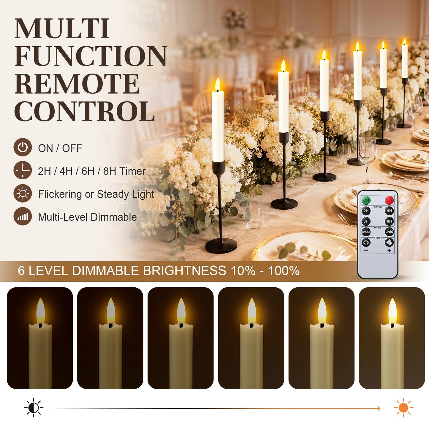 Enhon 6 Pack Flameless Taper Candles with Remote & Batteries, 6.5" Ivory LED Candle Sticks, 3D Flickering Wick, Timer & Dimmable, 624+ Hour Battery Operated Candles for Home, Wedding & Christmas Decor