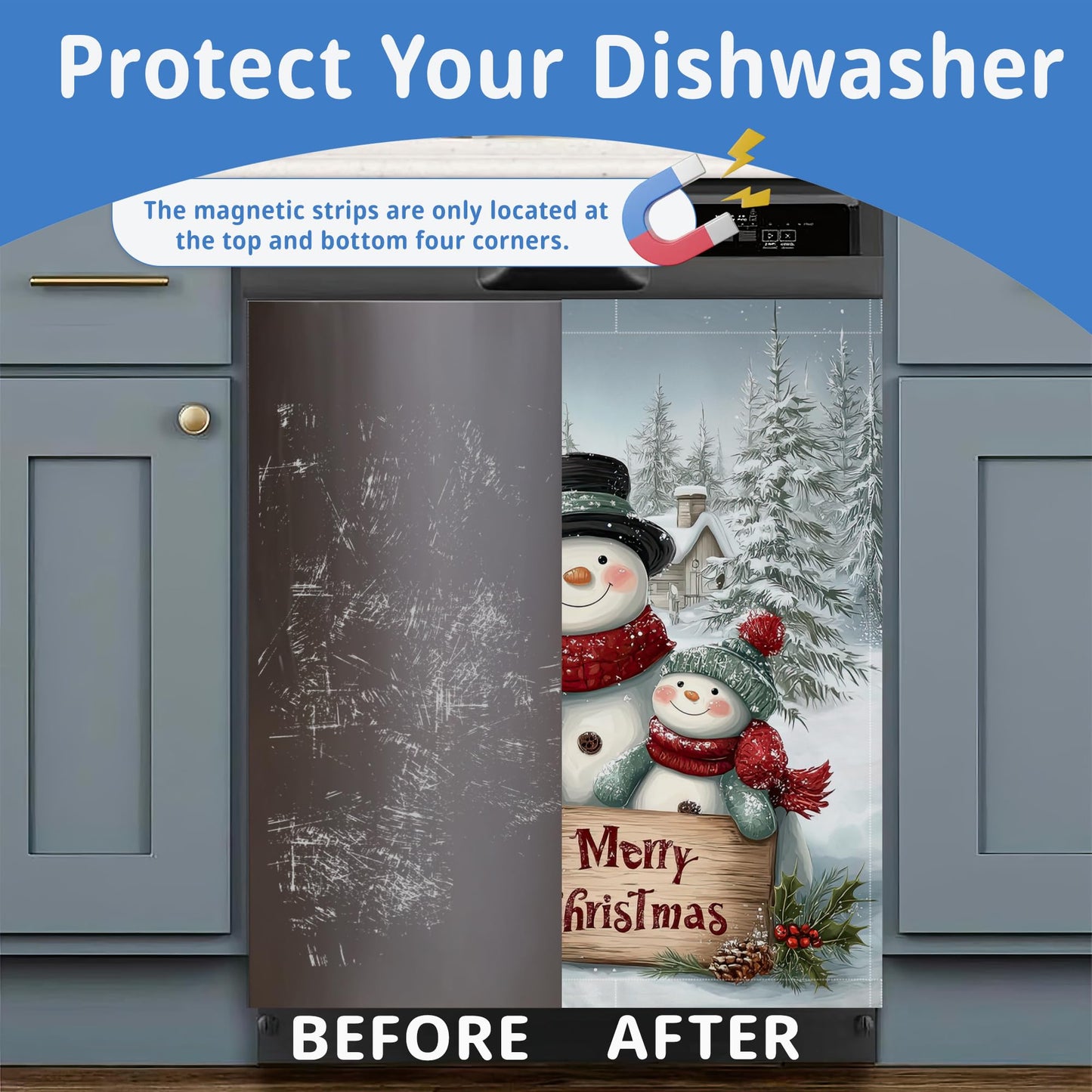Merry Christmas Magnetic Dishwasher Cover,Washable Reusable Cute Snowmen Refrigerator Appliance Front Panel for Kitchen Decor,23 x 26 Inch