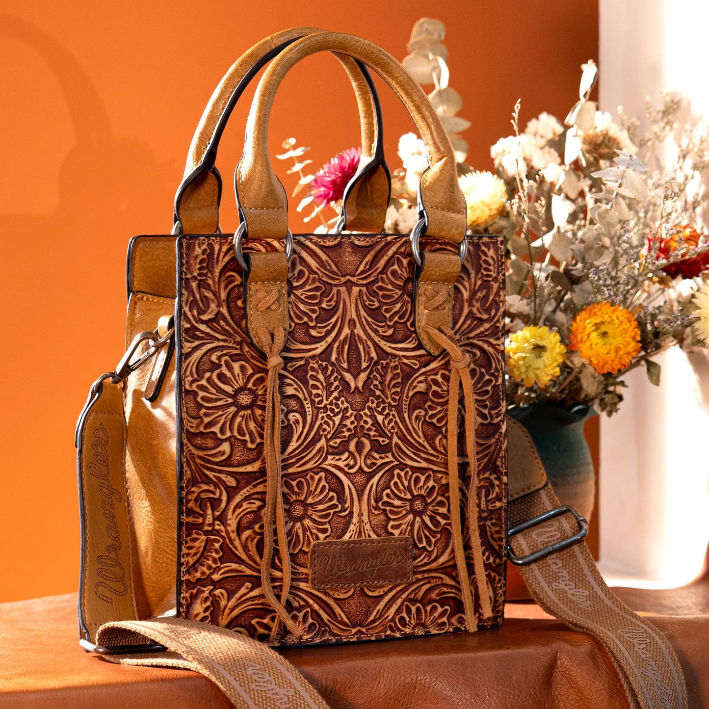 Wrangler Embossed Crossbody Purse for Women Wallet Women Western Cross body Purses Fringe Top handle handbag and small Purse WG271-8119LBR