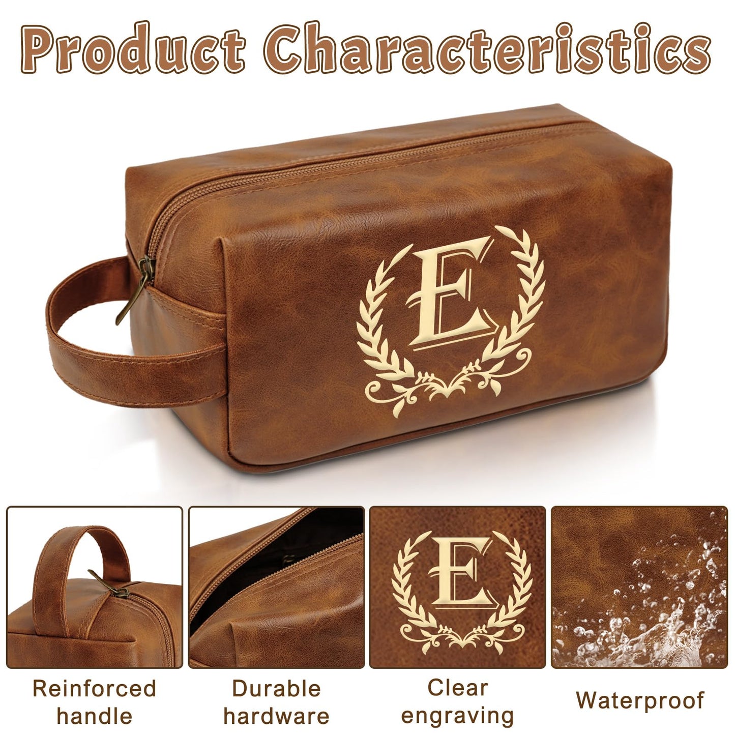 Engraved Letter Toiletry Bag Leather Waterproof Travel Kit, Personalized Gifts for Dad Husband Boyfriend - DarkBrown(E)