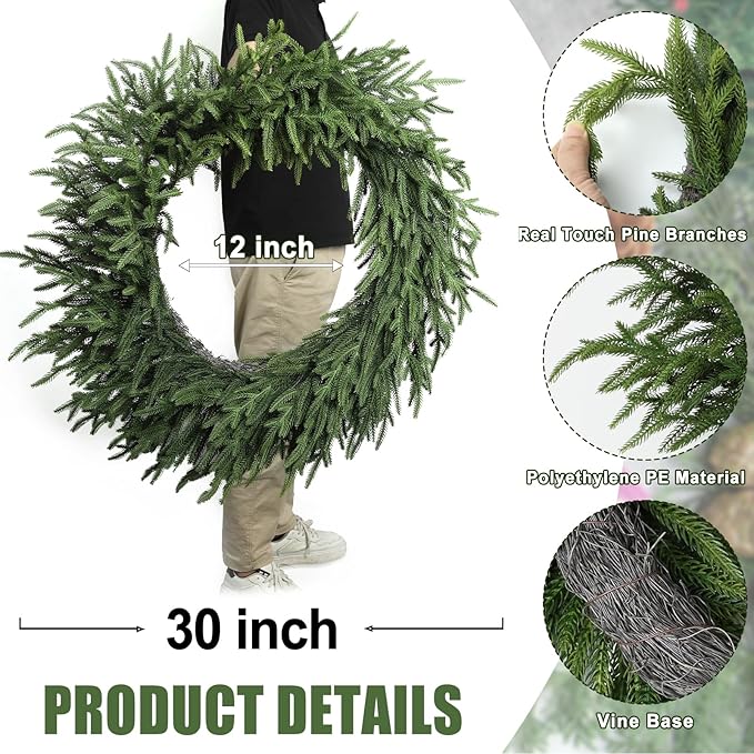 Artgar 30 Inch Christmas Pine Wreath Christmas Wreaths for Front Door, Real Touch Artificial Green Pine Wreath for Home Indoor Outdoor Wall Window Porch Farmhouse Winter Decor