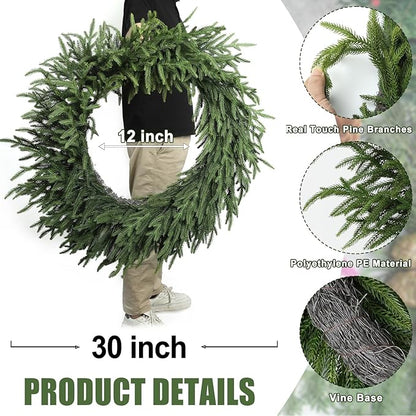 Artgar 30 Inch Christmas Pine Wreath Christmas Wreaths for Front Door, Real Touch Artificial Green Pine Wreath for Home Indoor Outdoor Wall Window Porch Farmhouse Winter Decor