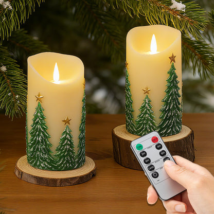 JOIONE Christmas Embossed Tree Flameless Candles with Remote, Battery-Operated Real Wax LED Candle with Flickering Flame, Christmas Home Decor, Set of 2