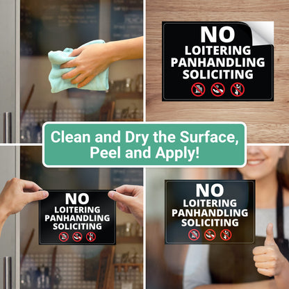 Super Sticky, 3 in 1 Design, No Soliciting, No Loitering and No Panhandling Sticker With Infographics, Weatherproof for Indoor or Outdoor Use, 5in x 7in Size is Perfect Sign for any Business or Office