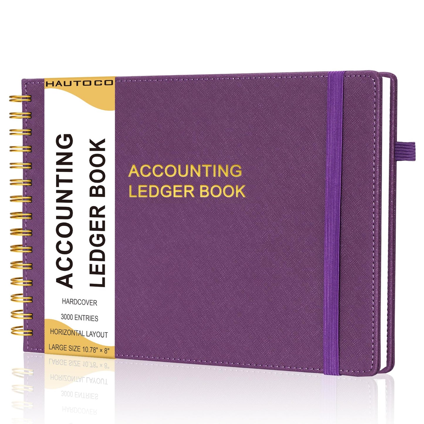 HAUTOCO Hardcover Accounting Ledger Book for Small Business Bookkeeping Horizontal Money Expense Tracker Notebook with 2 Storage Pouch, Personal Columnar Log Journal 10.78 x 8'', Deep Purple