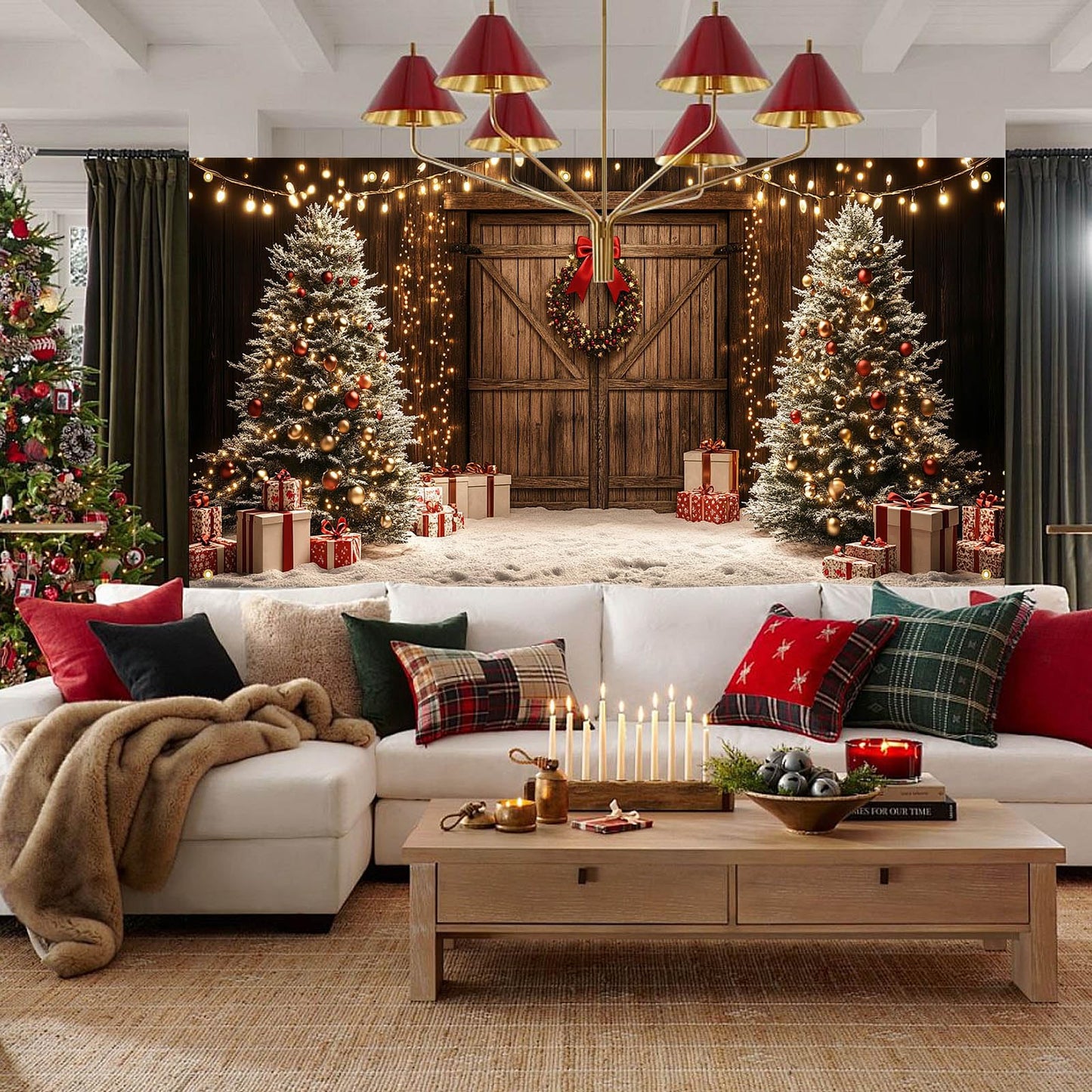 HOMETITUTE Christmas Garage Door Banner 13x6ft Wooden Wall Style Holiday Decoration with Xmas Trees Gift Boxes Snowflakes Hanging Lights andfor Outdoor Yard or Wall Backdrop