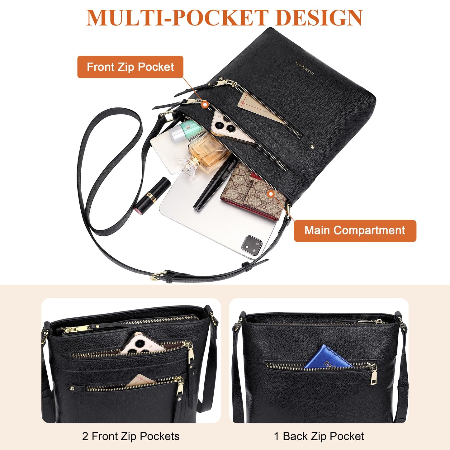 Over Earth Leather Crossbody Bags for Women Medium Shoulder Purse Multi Pocket Shoulder Handbag with Adjustable Strap(O199E Black RP)