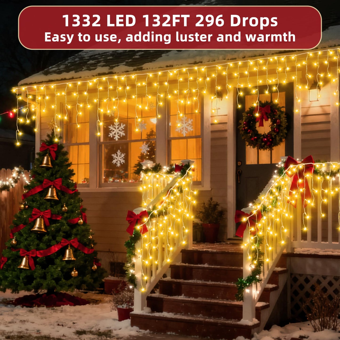 1332 LED 132ft Christmas Lights with 296 Drops, 12 Lighting Modes Warm White Christmas Decoration Twinkling Lights Dimmable, Timer Outdoor Waterproof Fairy Lights for Indoor Garden House Eaves Roof