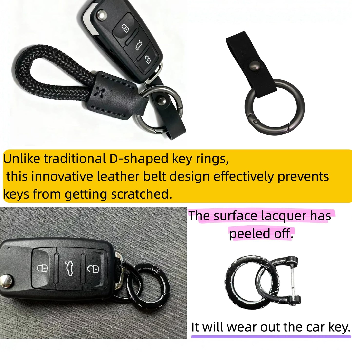 FQJOYL Leather Keychain for Car Keys - Genuine Cowhide Key Fob Holder with Braided Rope Loop, Anti-Scratch Belt & Gunmetal O-Ring, Silent Minimalist Key Chain for Women & Men, Gift for Her & Him