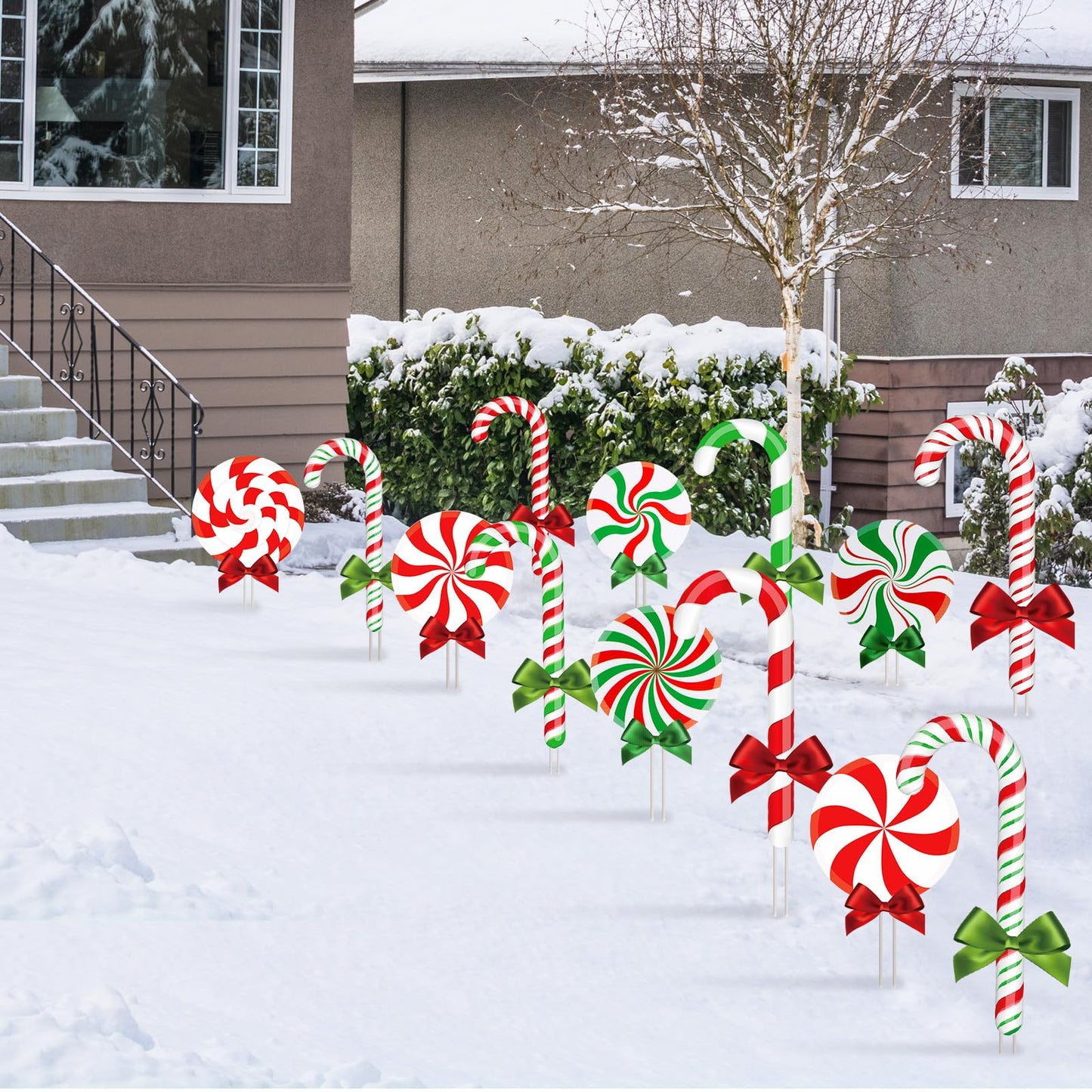 Glenmal 12 Pcs Christmas Yard Decor Outdoor Peppermint and Candy Cane Yard Decorations with Stakes Waterproof Xmas Garden Lawn Pathway Decorations Christmas Decor Outside(Red White, Red Green)