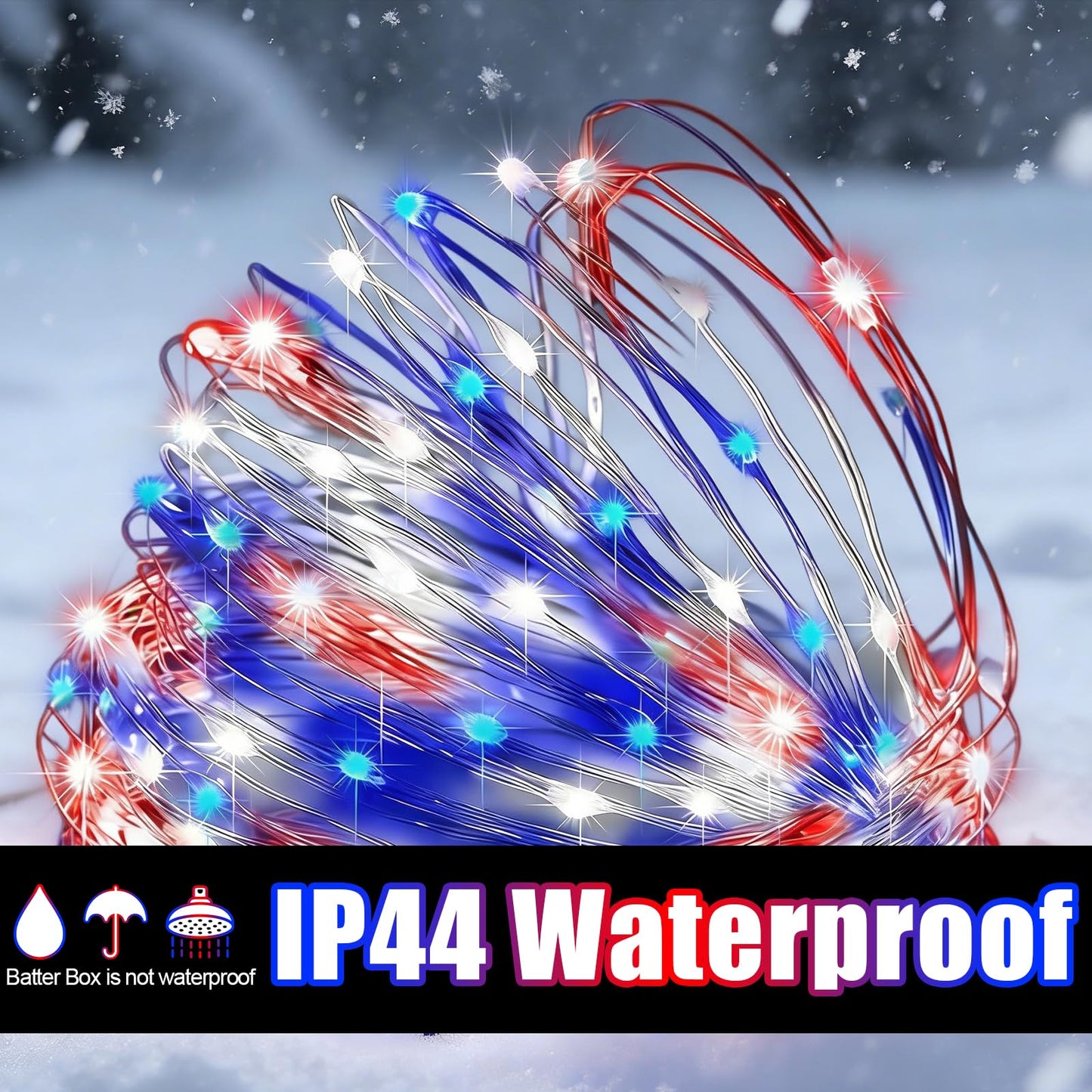 TWINGLEHOME 100 LED String Lights 33FT (10M) with Copper Wire, Multifunctional Modes Lighting (Red, White, Blue) for Nation Day