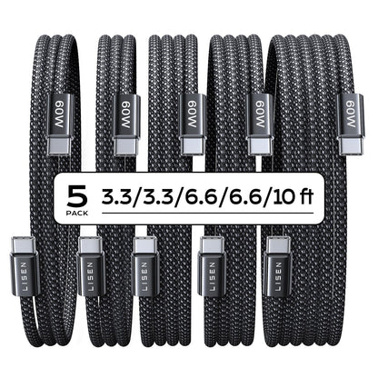 LISEN USB C Cable, 5-Pack [3.3/3.3/6.6/6.6/10FT] for iPhone 17 Charger Cord, 60W USB C to USB C Fast Charging Cable for iPhone 17 Air 16 15 Pro Max, Samsung Z Flip 7/S25/S24, Switch 2, iPad, MacBook