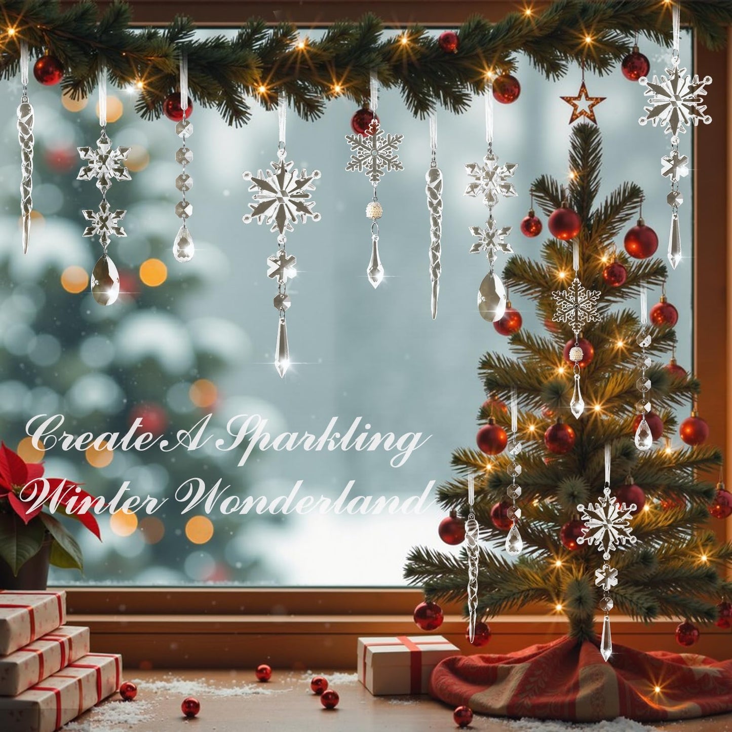 PPRAFDD 18PCS Clear Christmas Snowflake Icicle Hanging Ornaments Acrylic Crystal Christmas Tree Decorations with Drop Pendants for Xmas Winter Wonderland New Year Party Supplies