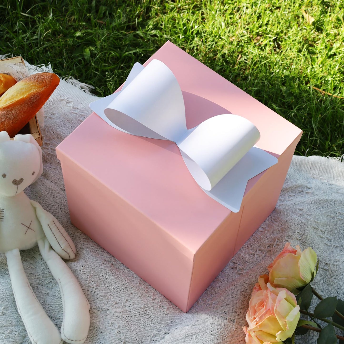 LaRibbons Large Gift Boxes with Lids, 10x10x10 Inches Pink Square Foldable Gift Boxes for Valentine's Day, Birthday, Wedding, Baby Shower, Party, All Occasion