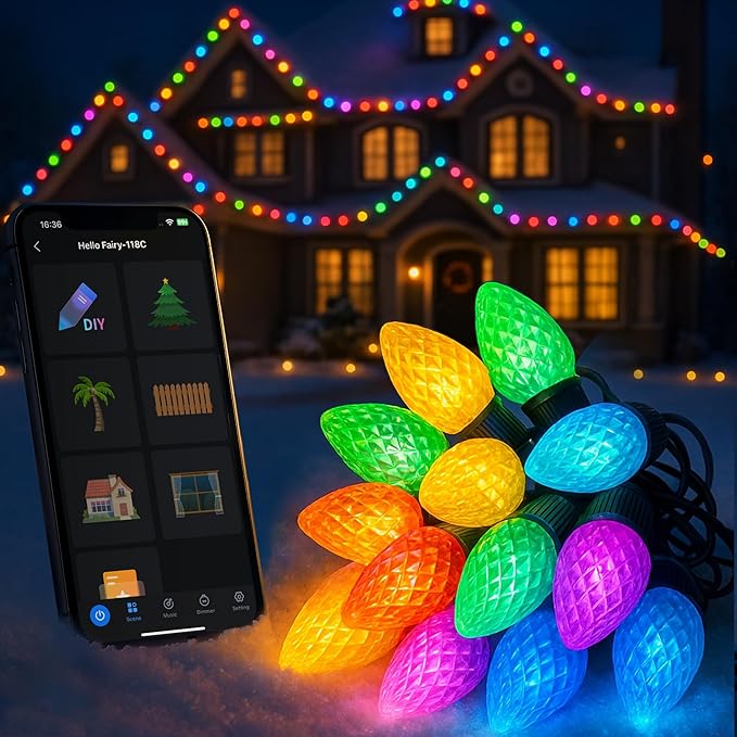 Smart C9 Christmas Lights Outdoor, 132FT 200 LEDs, RGB Color Changing String Lights with Music Sync & DIY, 108 Modes, App Controlled Waterproof Lights for Large House, Wedding, Halloween decorations