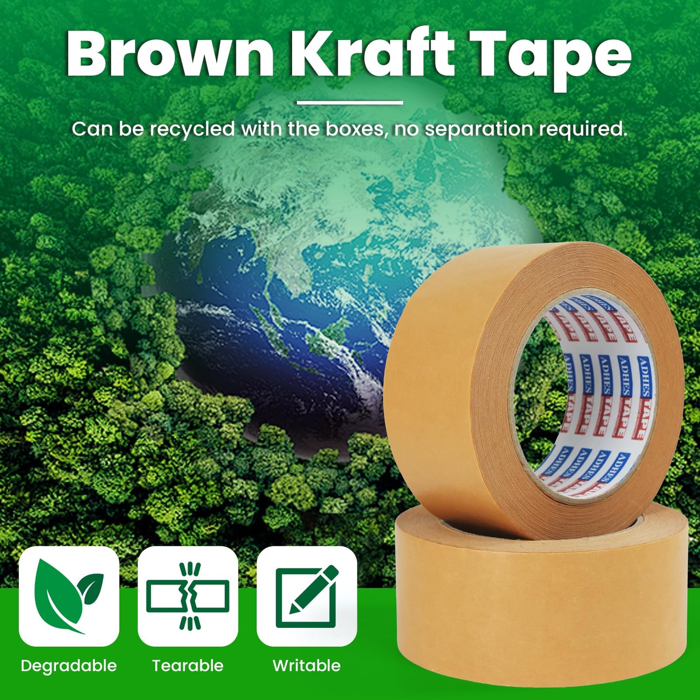 ADHES Kraft Paper Tape, 2 Inch x 44 Yards, 6 Rolls Writable & Uncoated Heavy Duty Paper Tape, Biodegradable Brown Packing Tape for Sealing, Packaging & Moving