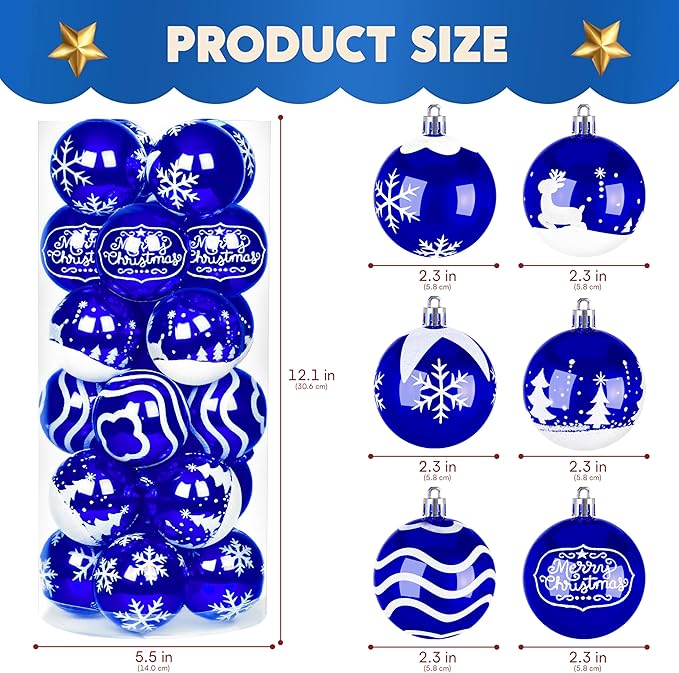 Joiedomi 24 Pcs Christmas Ball Ornaments, Blue & White 2.3” Deluxe Delicate Painting & Glittering Shatterproof Christmas Tree Ornaments for Wreath Garland Holiday Indoor Party