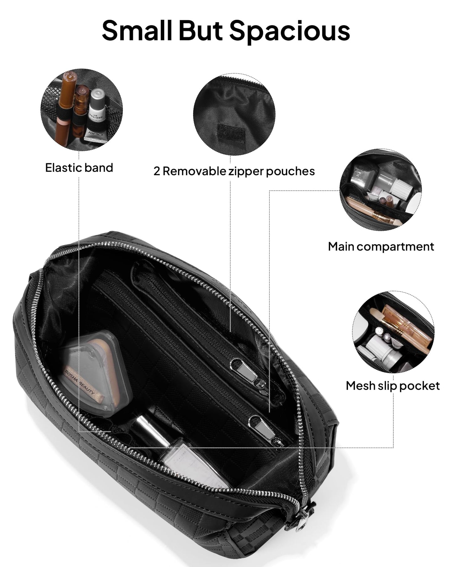 TOPEAST Travel Makeup Bag Cosmetic Bags for Women, 3 Pcs Set Make Up Toiletry Bag with Removable Zip Pouch, Waterproof Leather Makeup Brush Organizer for Travel Essentials, Black