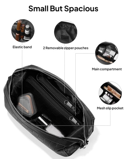 TOPEAST Travel Makeup Bag Cosmetic Bags for Women, 3 Pcs Set Make Up Toiletry Bag with Removable Zip Pouch, Waterproof Leather Makeup Brush Organizer for Travel Essentials, Black