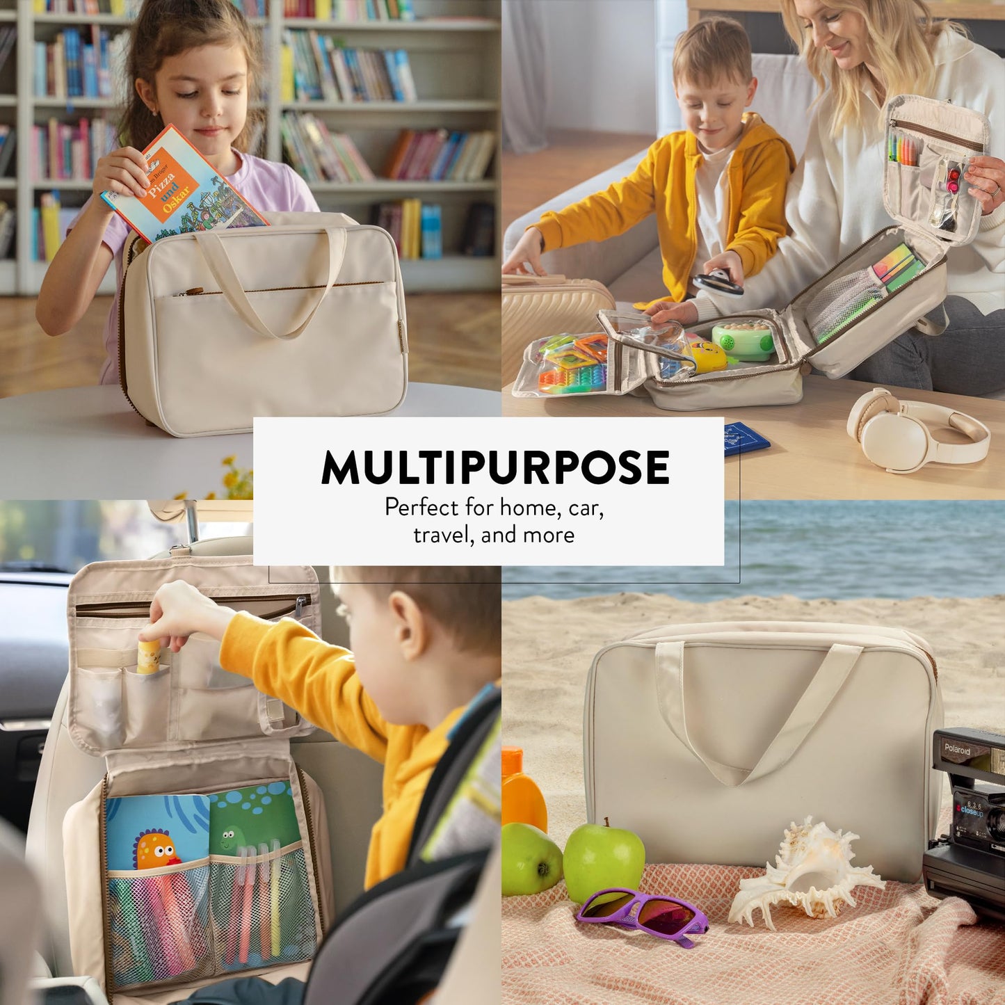 Kids Travel Organizer – Multi-Compartment, Water-Resistant Hanging Bag for Toys, Snacks, & Activities - Compact, Lightweight Design with Hook & Carry Handle - Perfect for Travel Use (Beige, Large)