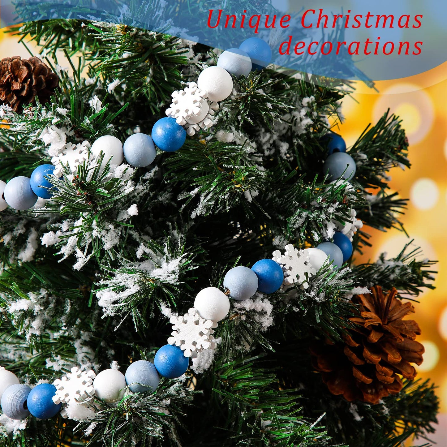 Landhoow 220 Pcs 0.6 Inch Christmas Wooden Beads Winter Snowflakes Craft Beads Blue Natural Wood Round Beads with 65.6 Feet Twine for DIY Making Necklace Bracelet Garland Home Xmas Decor