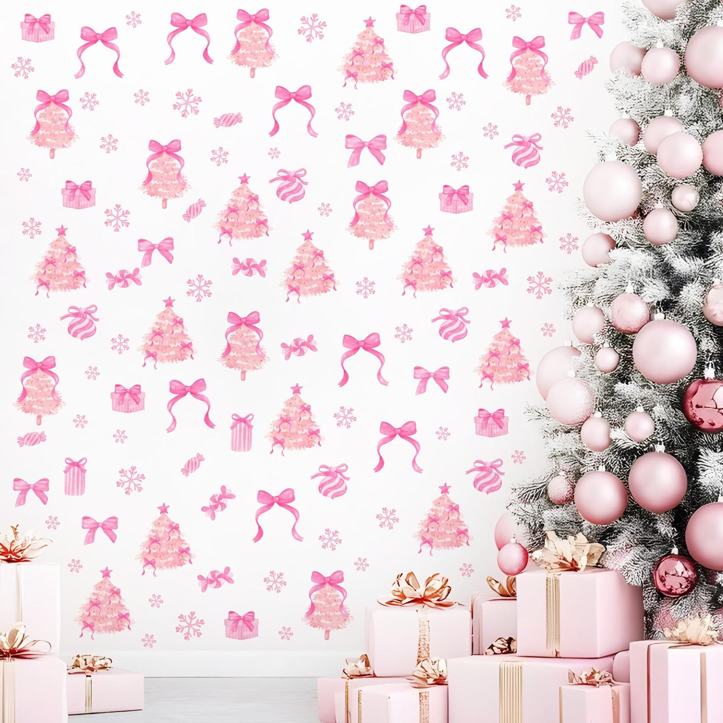 Pink Christmas Wall Stickers Xmas Tree Wall Decals Peel and Stick Bow Sticker for Walls Decoration Indoor Bowtie Decals for Crafts Snowflakes Coquette Art Murals for Girls Bedroom Living Room Decor