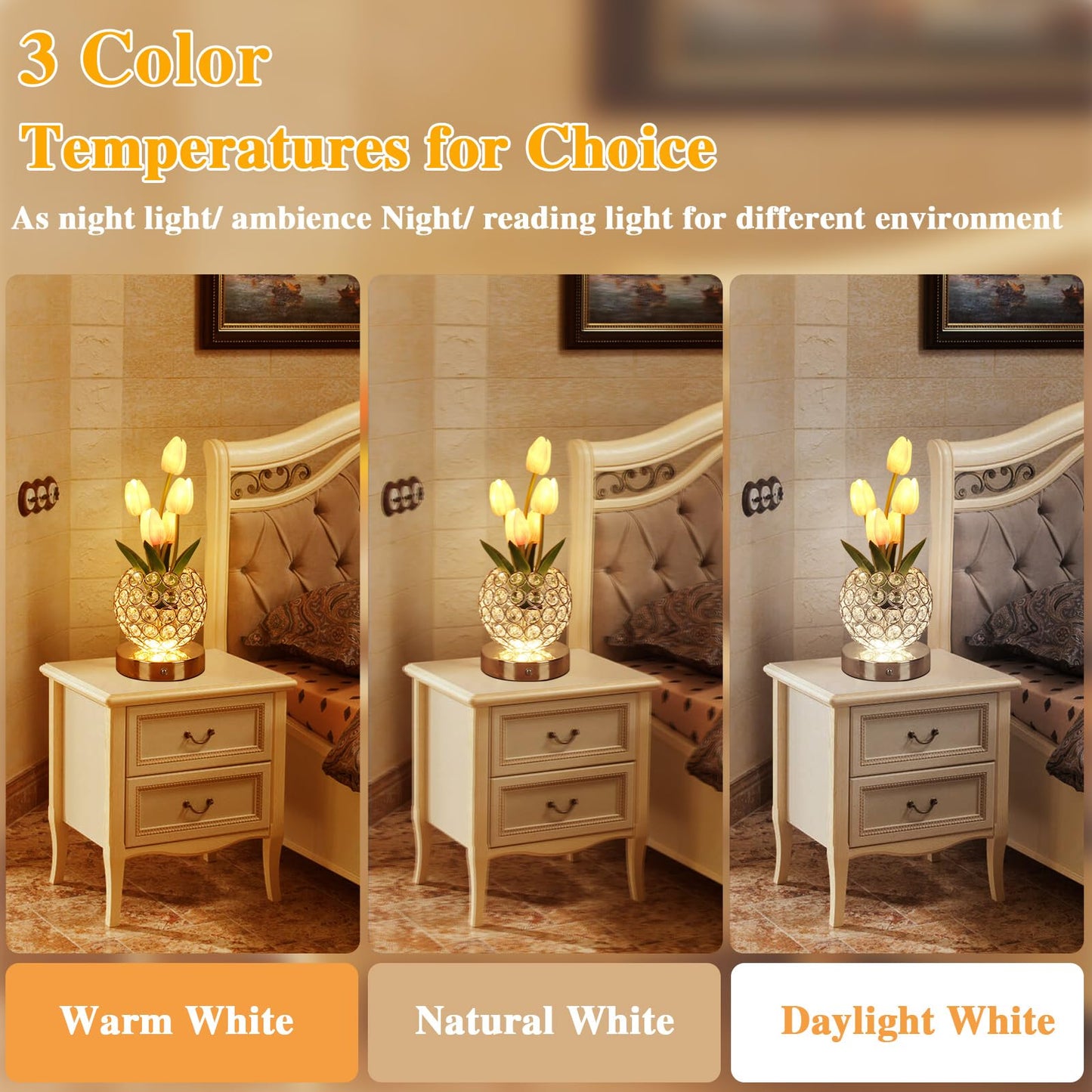 Birthday Gifts for Women Mothers Day Gifts/ for MomTable Lamp, 3 Color Crystal Flower Bedside Lamps Infinitely Dimming with USB Charge Small Night Light,Nightstand Touch Lamp for Bedroom (pink-tulip)