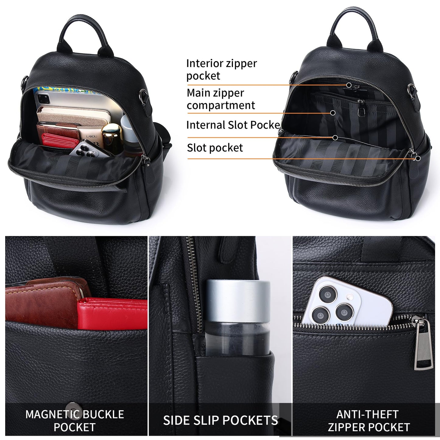 Wesccimo Genuine Leather Backpack Purse For Women Black Real Soft Leather Travel Convertible Ladies Shoulder Bag