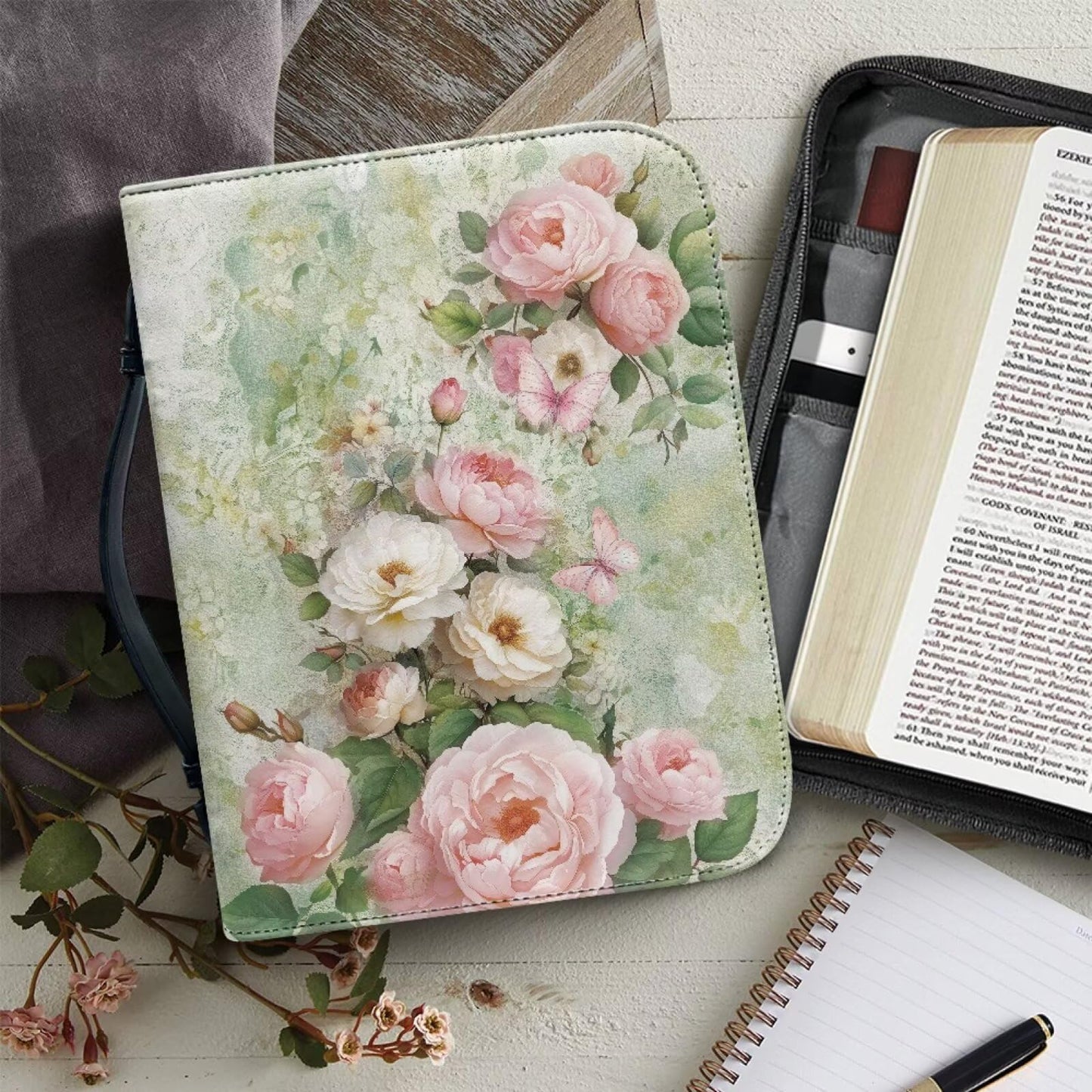 WUYOJUXA Pink Flower Print Bible Carrying Case for Girls Book Protector for Book Lovers Bible Study Supplies Accessories Christian Gifts for Women Large Quilted Bibles Case with Handle-L