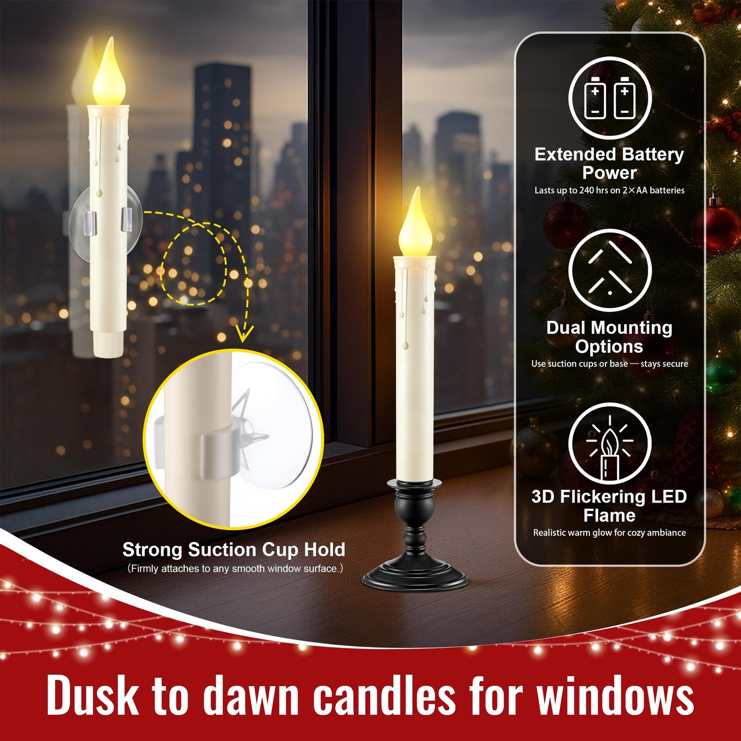 6 Pack Battery Operated Window Candles with Sensor Dusk to Dawn, Ivory Flameless Taper Candlesticks with Removable Black Base & Suction Cups, LED Candlestick for Christmas Decor Home, 12 AA Batteries