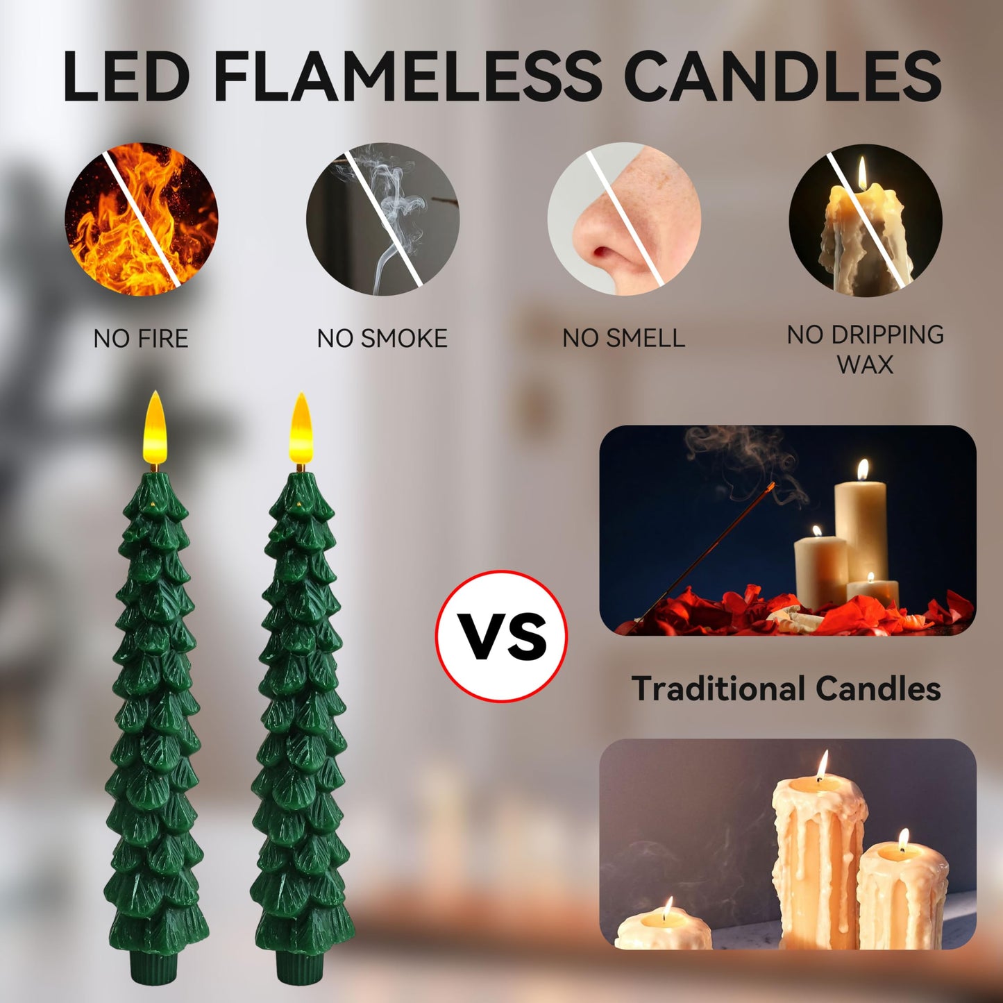 2 Pcs Christmas Tree Flameless Taper Candles with Timer Battery Operated Taper Candles Realistic Flickering Green LED Candle Tall ElectricTaper Candlesticks fo All-Season Decor festival Wedding Party
