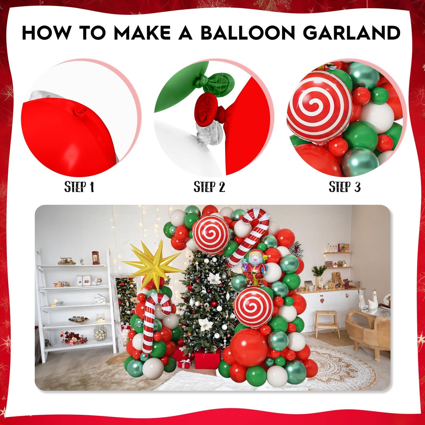 Christmas Balloons Garland Arch Kit Red White Green Xmas Decoration Balloon with Candy Gingerbread Elk Santa Claus Merry Christmas Foil Balloons for New Year Winter Holiday Christmas Party Decorations