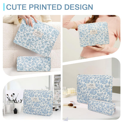 Gosect 2PC Makeup Bag Set, Cute Cosmetic Bag for Women Girls, Floral Coquette Aesthetic Toiletry Bag, Travel Make Up Organizer Bag (Blue Floral)