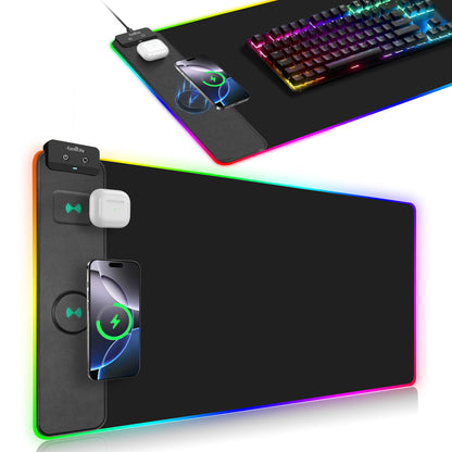 Wireless Charging Mouse Pad, RGB Gaming Mousepad, 31.5"x15.7" Extra Large Desk Pad, 13 Light Modes, Ultra-Smooth Surface, Non-Slip Base, Waterproof Computer Keyboard Mat for MacBook, PC, Laptop, Black