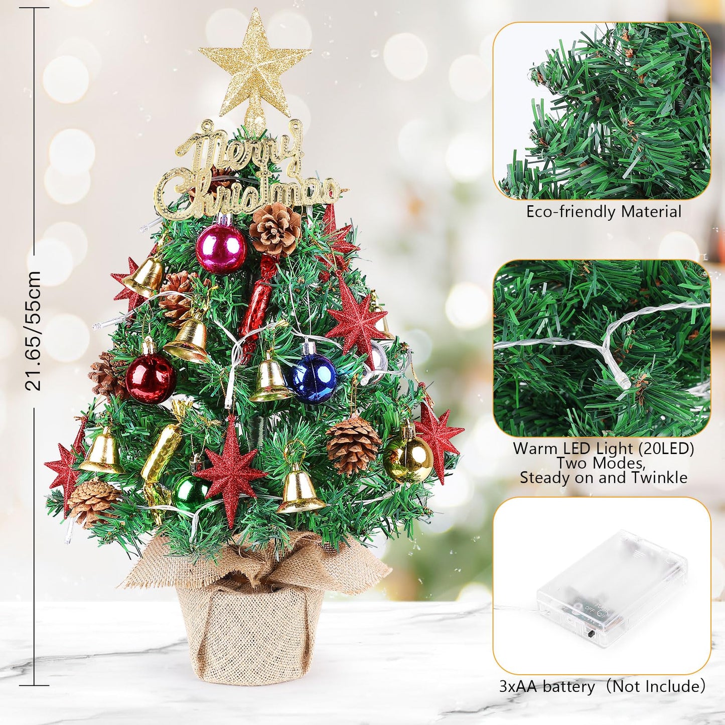 Tabletop Christmas Tree 21.65 Inch Mini Artificial Christmas Tree with 20 LED String Lights, Star Tree, Pine Cones Ornaments, Small Xmas Tree for Holiday Indoor DIY Christmas Decor