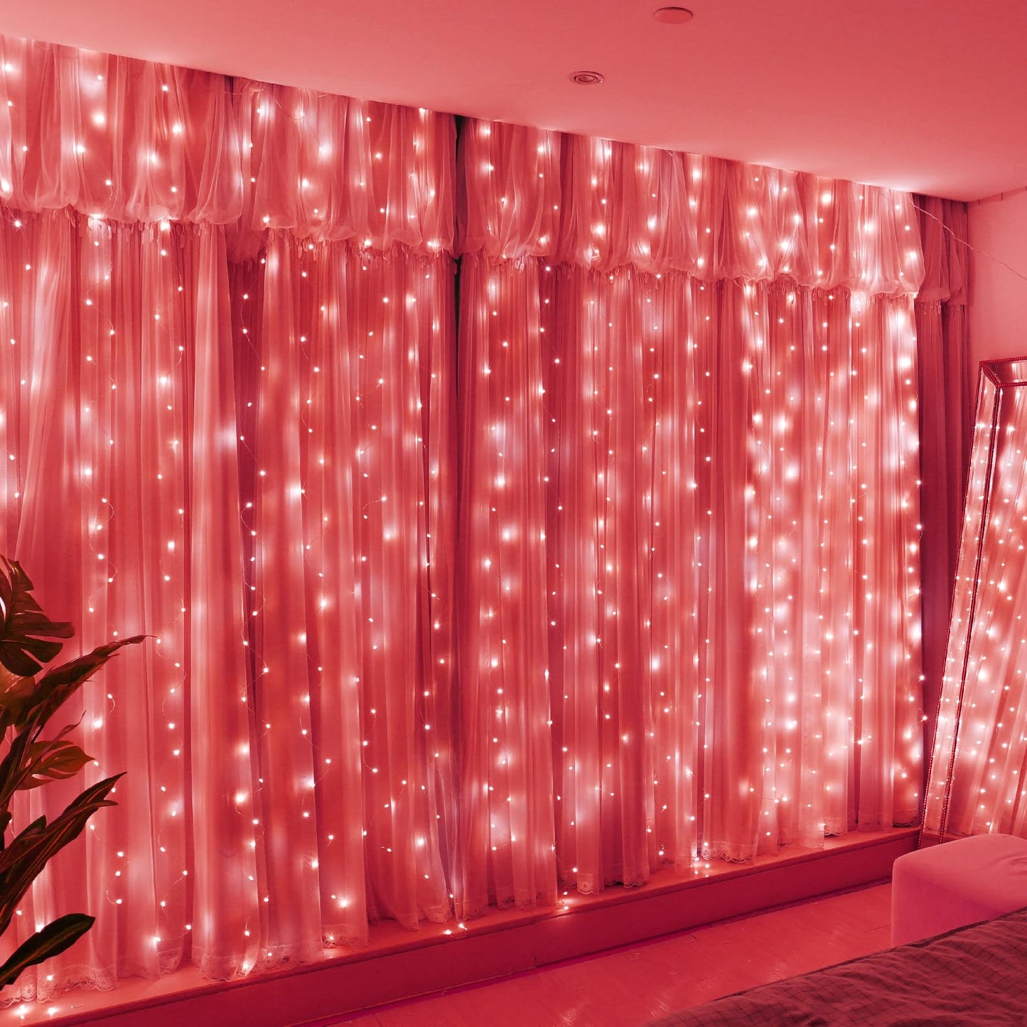 HXWEIYE 300LED Fairy Curtain Lights, 9.8x9.8Ft USB Plug-in 8 Modes Christmas String Hanging Lights with Remote for Bedroom Backdrop Wedding Indoor Wall Decor, Red, Standard – 1 Pack