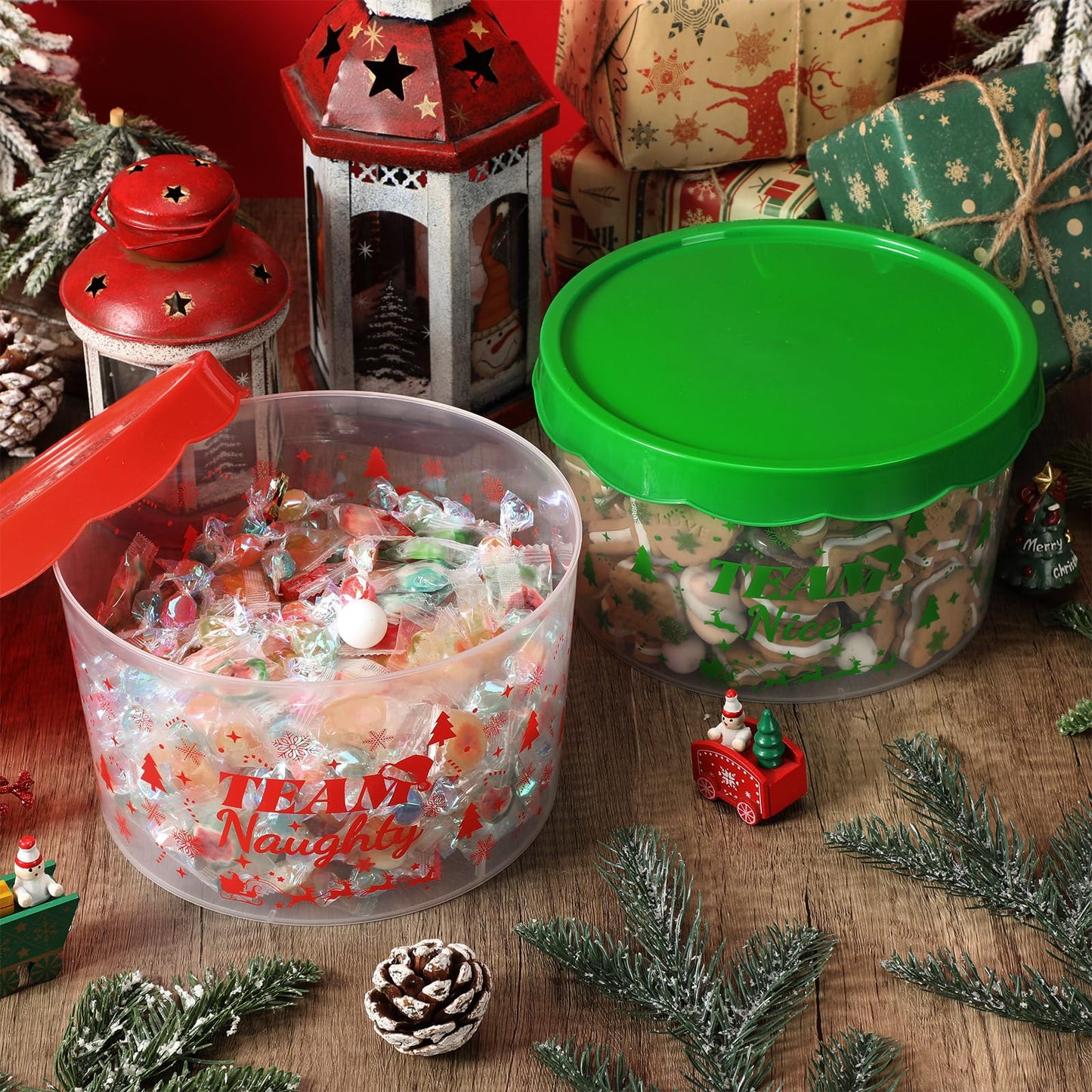 Nitial 4 Pcs Christmas Cookie Containers Plastic Christmas Jar with Lids Team Naughty or Nice Storage Buckets Xmas Candy Cookies Snack Tin Winter Containers Jars for Xmas Winter Party Supply