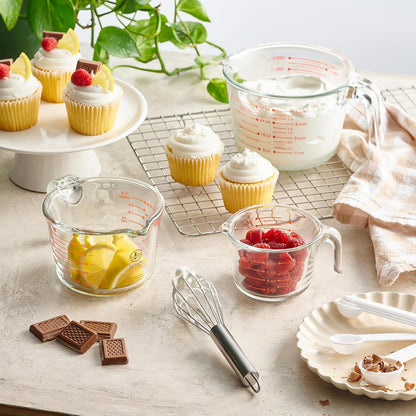 Set of 3 Glass Measuring Cups with Measuring Spoons & Whisk - Kitchen Mixing Bowl Liquid Measure Cup, Glass Bakeware. 1 cup, 2 cup, 4 cup.