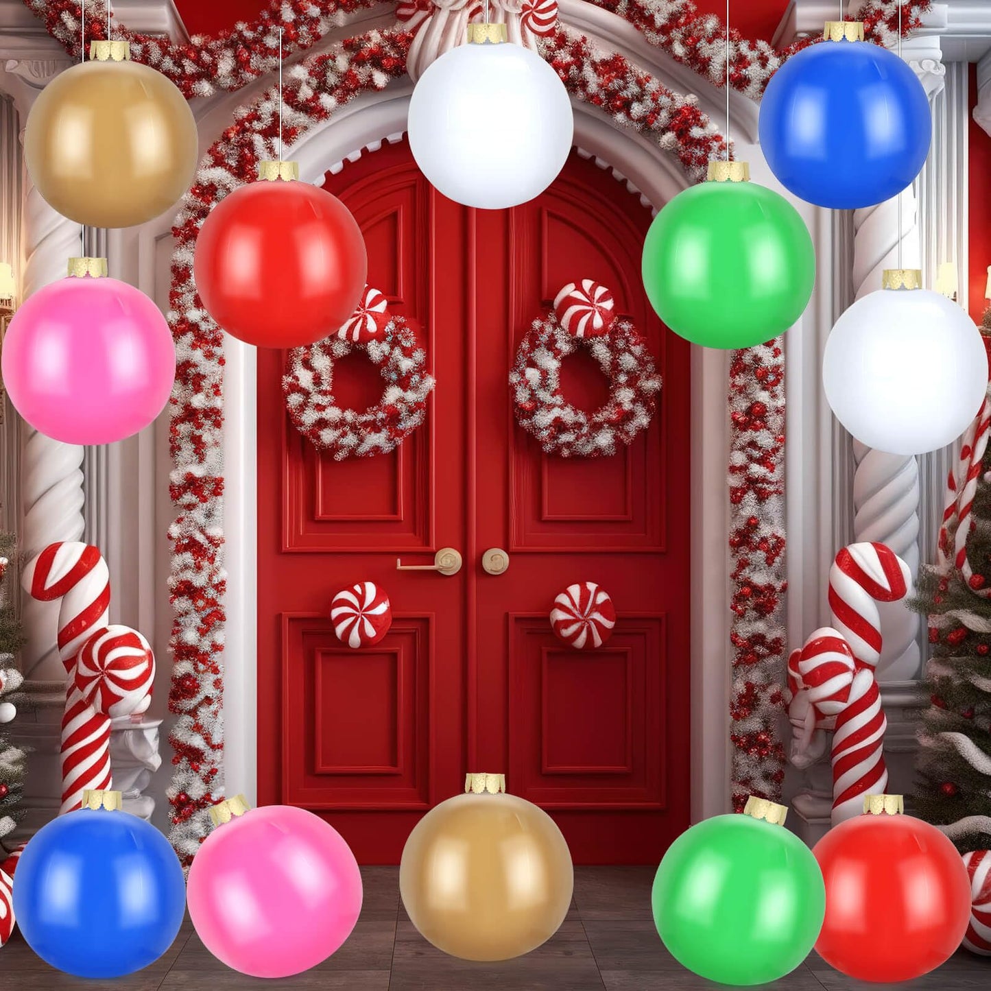 Flasoo 12 Pack Inflatable Christmas Ornaments for New Year Festive, Large Blow up Christmas Balls for Front Door Yard Tree Hanging Decoration (9 Inch)