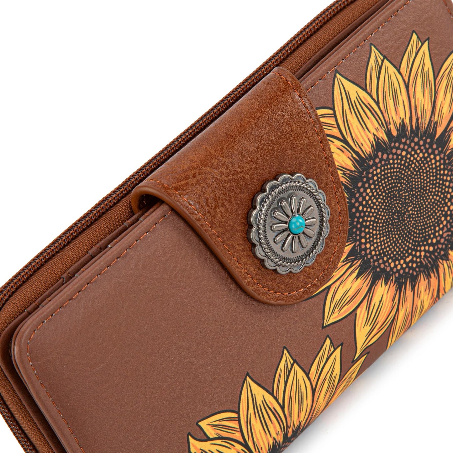 Montana West Brown Sunflower Wallets for Women RFID Blocking Wallet Large Capacity Phone Clutch Wallet Ladies Female Western Bifold Wallets with Coin Purse