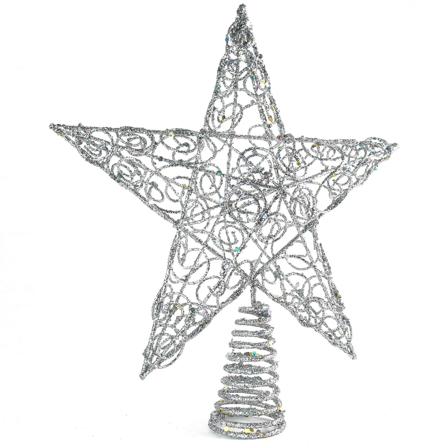 Ornativity Silver Star Tree Topper - Christmas Swirl Design Sparkle 3-D Dimensional Hallow Xmas Trees Top Star Decor Treetop Ornament Decorations