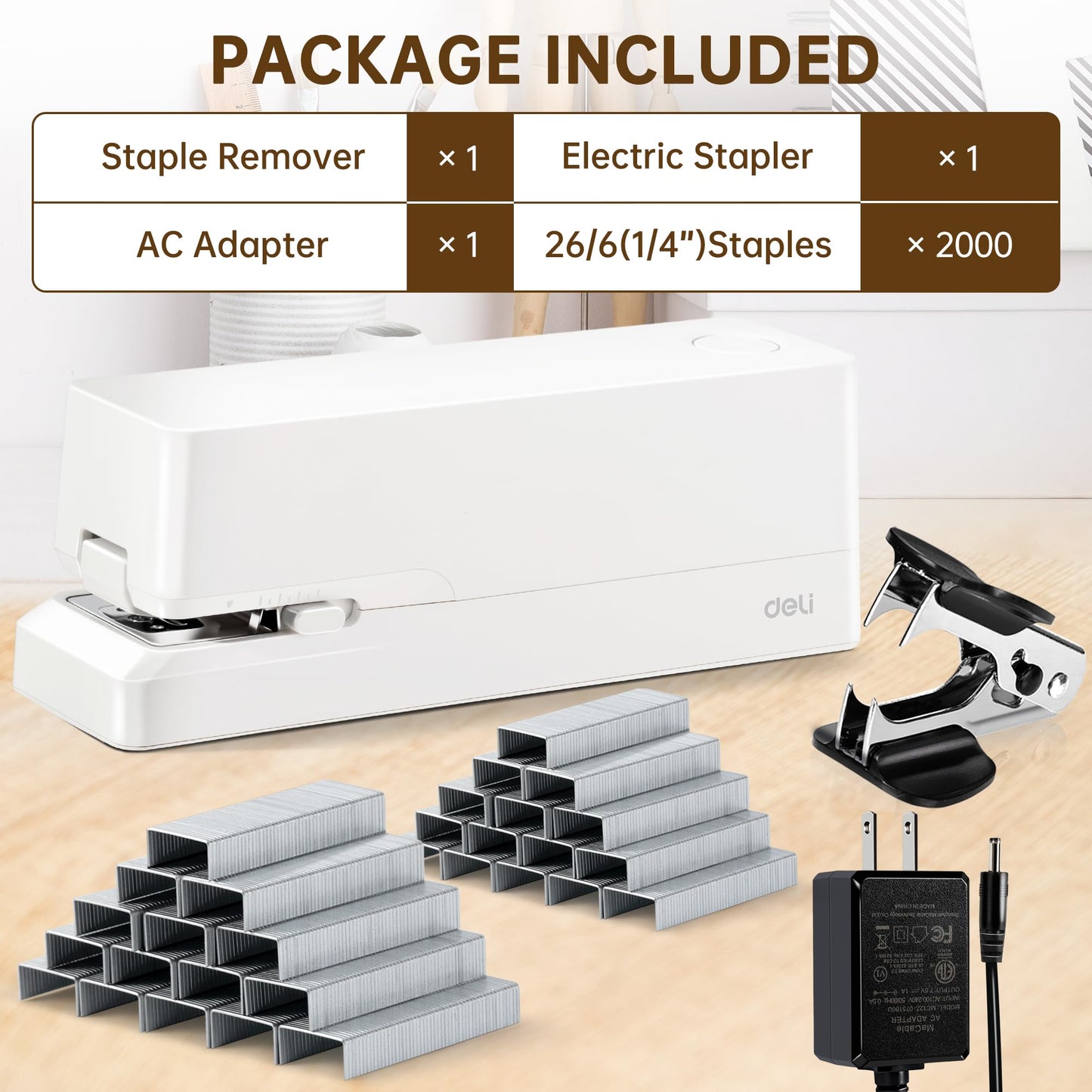Deli Electric Stapler, Automatic Staplers for Desk with 2000 Staples & Staple Remover, 25-Sheet Capacity, No-Jam, AC or Battery Powered Staplers for Office Home School, White
