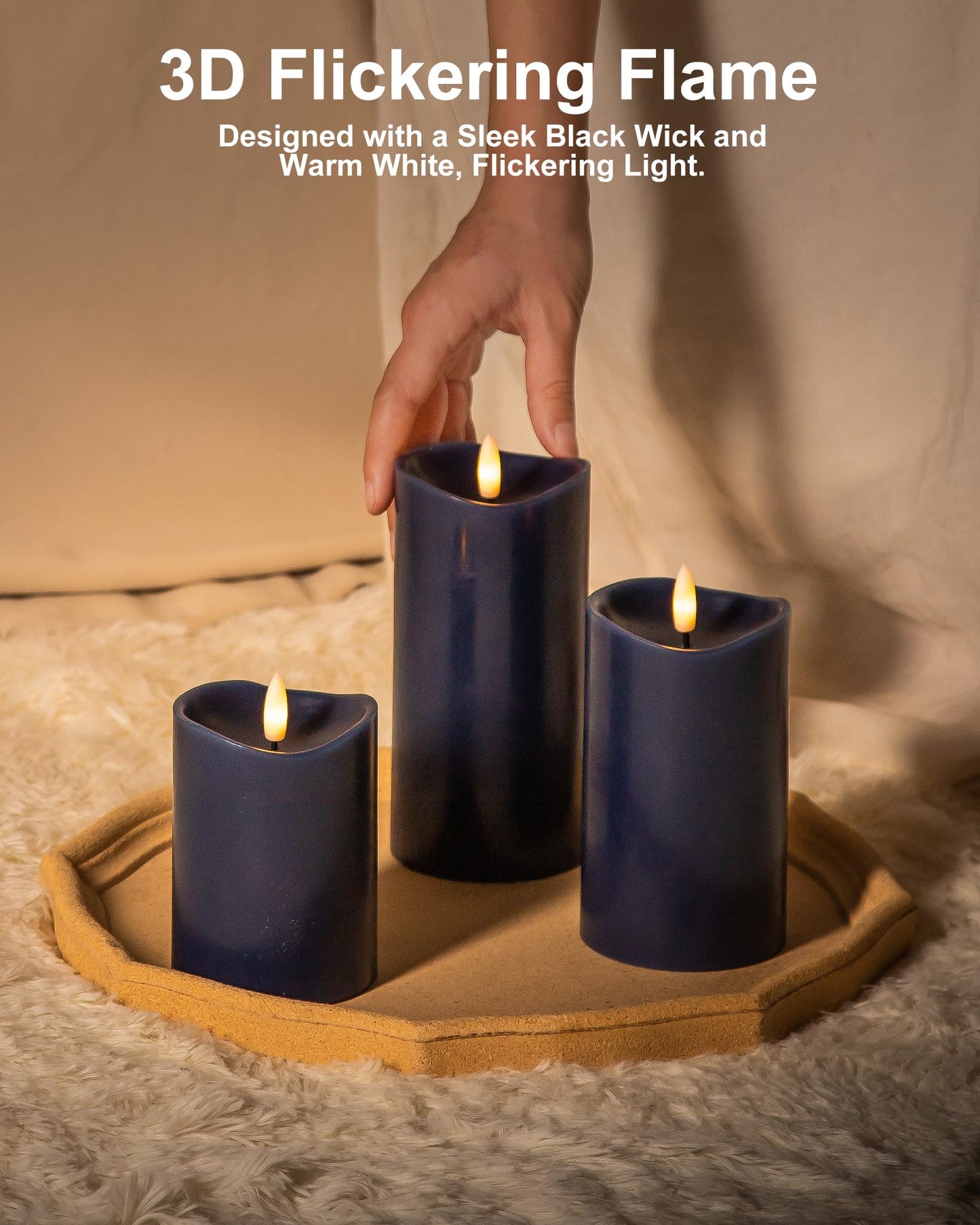Velsyn Navy Blue Flameless Candles with Remote and Timer, Real Wax Made LED Pillar Candles Battery Operated with 3D Flickering Flame Melted Top, 3" x 4",5",6", Navy Blue Decor, Set of 3