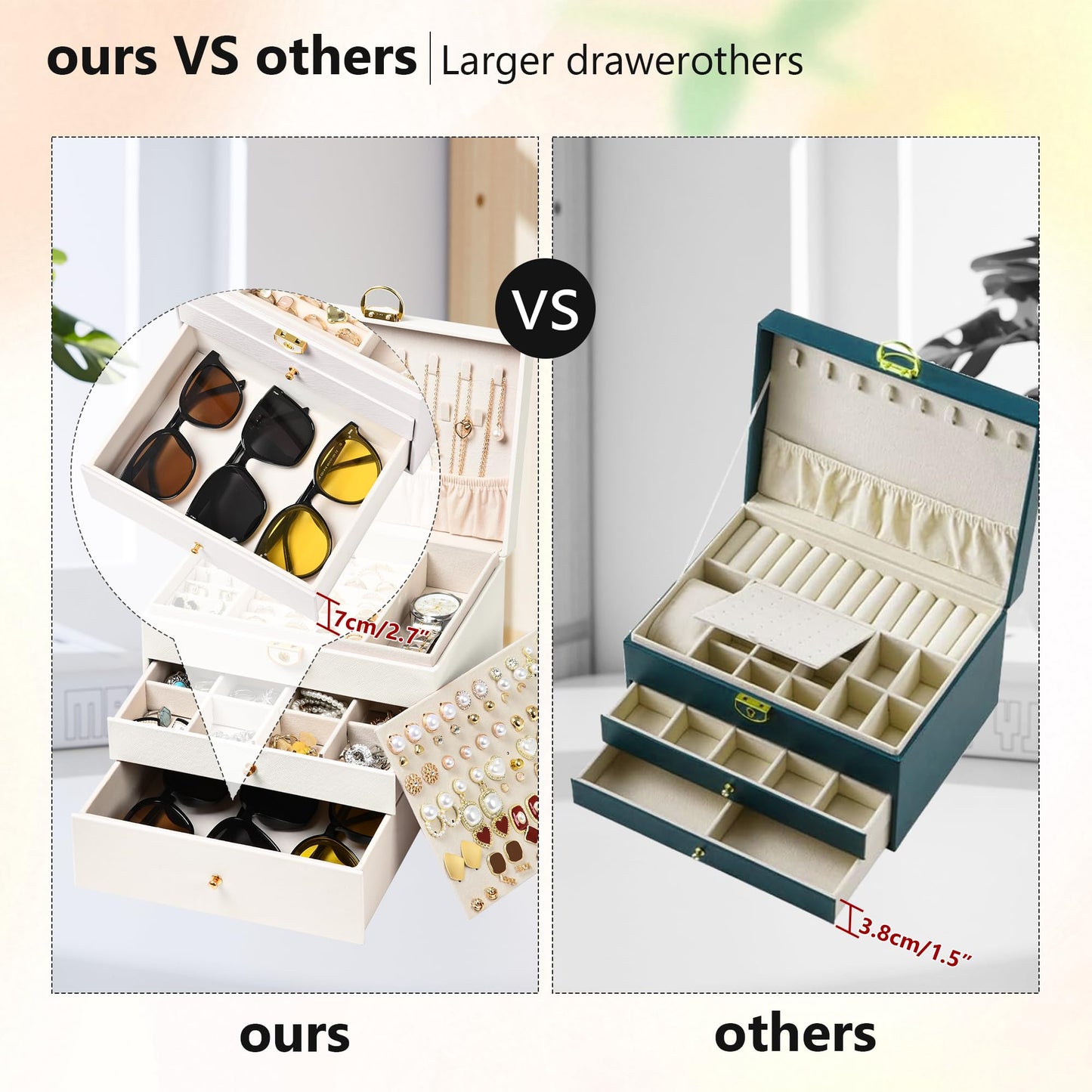 GALHUBIS Jewelry Box, 3 Layers Leather Jewelry Storage Display Box for Women, Gift Case, 2 Drawers, Large Capacity for Necklace Earrings Bracelets Rings, White