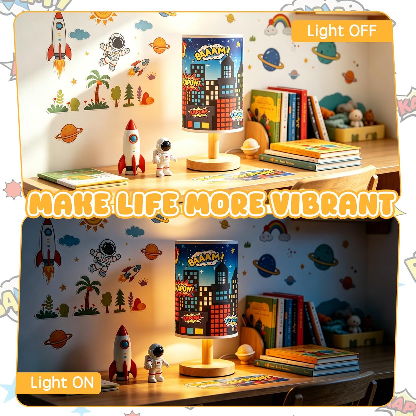 LuckyDAFei City Table Lamp for Kids Bedroom, 3-Way Dimmable Bedside Lamp with Wooden Base and Fabric Shade, Comic Book Night Light for Boys Room Decor, Cartoon Skyline Lamp for Nursery Playroom
