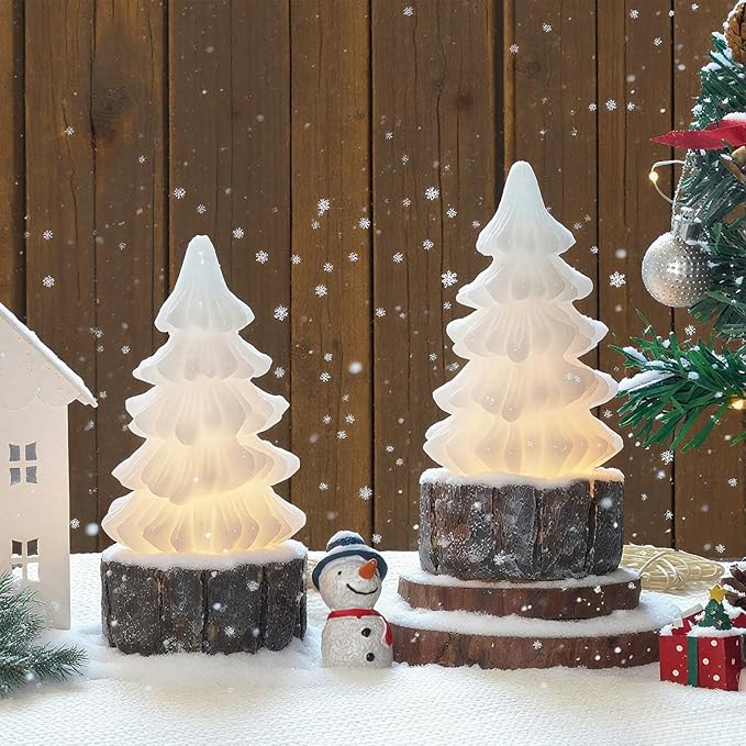 Homemory Christmas Tree Candles with Stump, 2 Pcs Waxy LED Flameless Candles Flickering, White Electric Lights Battery Operated for New Year Celebration Holiday Decorations 6.3 Inches