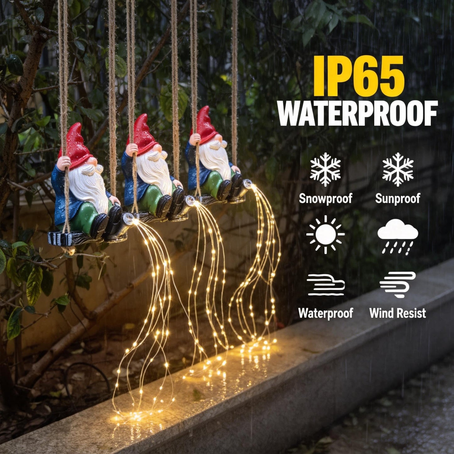 QCF Hanging Garden Gnomes Statues Solar Watering Can Fairy Lights, 6.7''H Swings Gnome Cascading LED Decor for Yard Balcony Backyard Tree Outside, Housewarming Birthday Gifts for Woman Mom Grandma