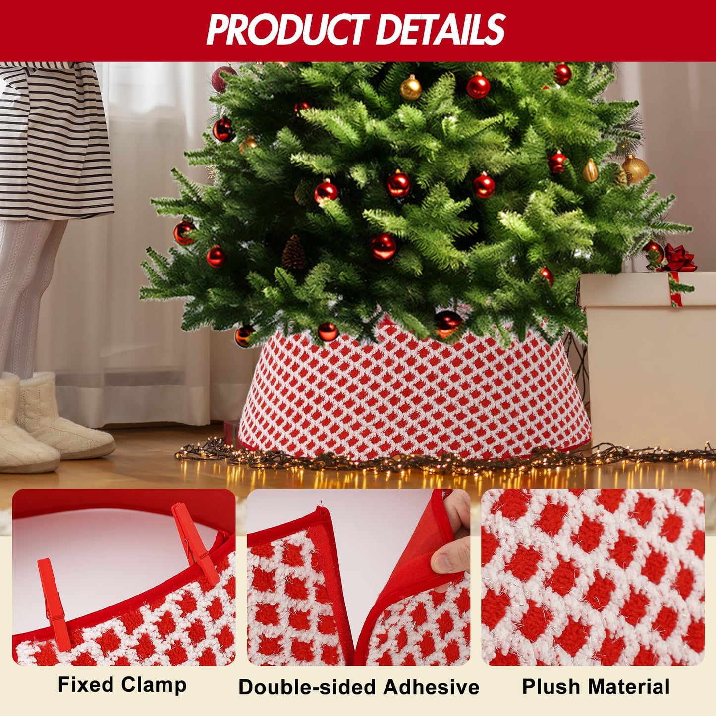 Garvee ﻿33 Inch Christmas Tree Collar Holiday Party Decoration, Diamond-Grid Design Plush Christmas Tree Skirt with 2 Matching Clips, Holiday Home Decor Stand Base Cover, Red