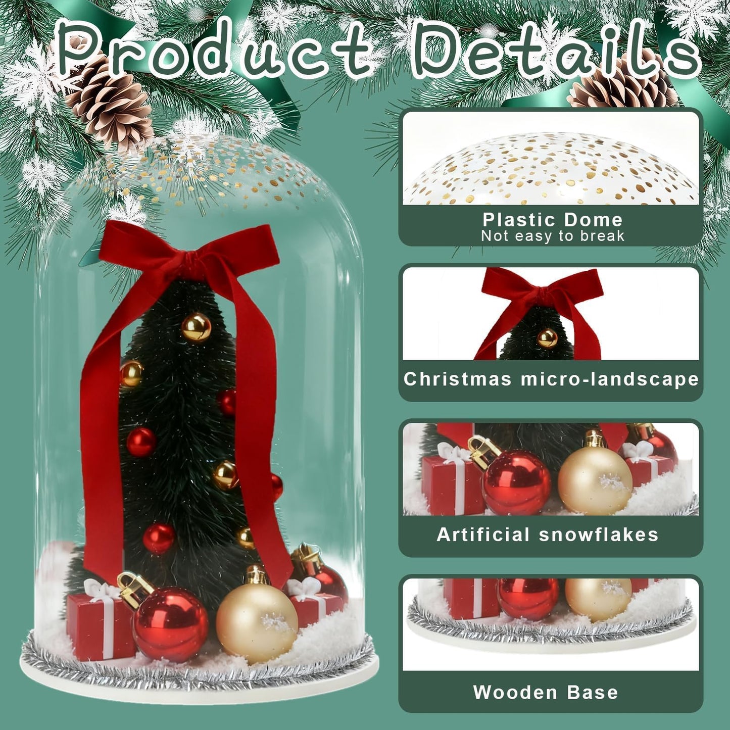 Christmas Decorations Table Centerpieces, Christmas Tree with Ornaments in Dome Cloche, Xmas Winter Tabletop Decor for Tiered Tray Shelf Mantel Fireplace Coffee Table Office Desk Holiday Decoration