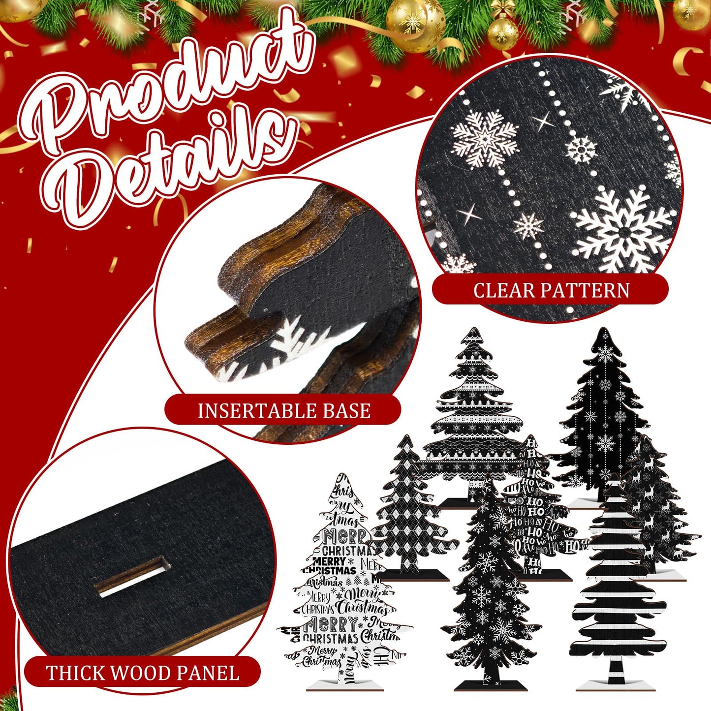Cinrobiye 8 Pcs Christmas Table Decorations, Black White Christmas Tree Tabletop Centerpieces Farmhouse Rustic Wood Xmas Trees for Home Mantel Fireplace Winter Holiday Party Supplies Decor (Black)